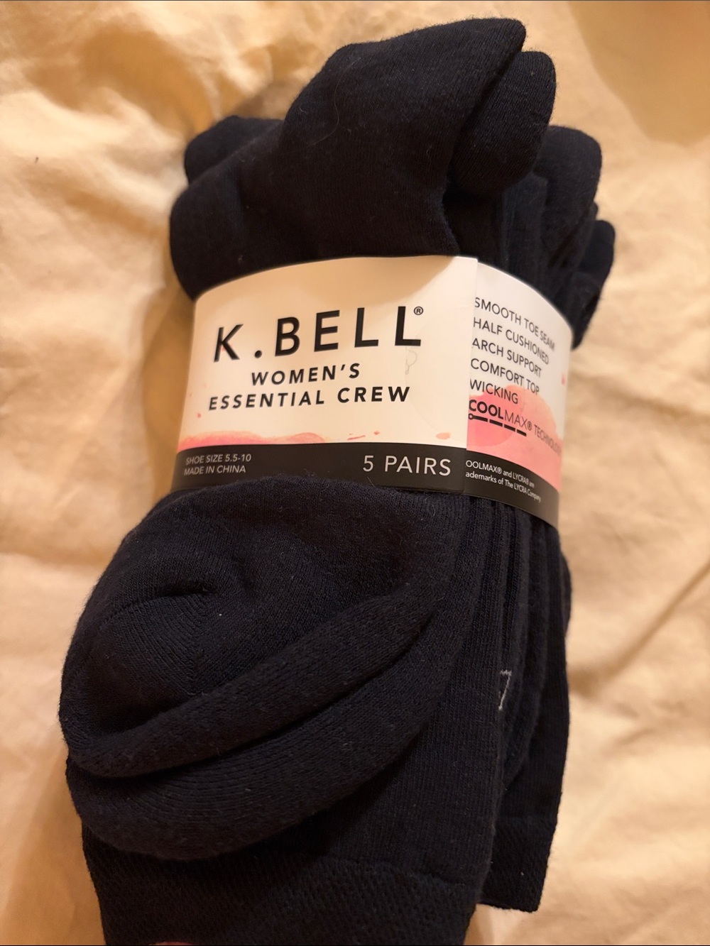 NEW K.Bell Essential Crew Socks 5 Pairs Cool Max Wicking Women Size 5.5-10 Black